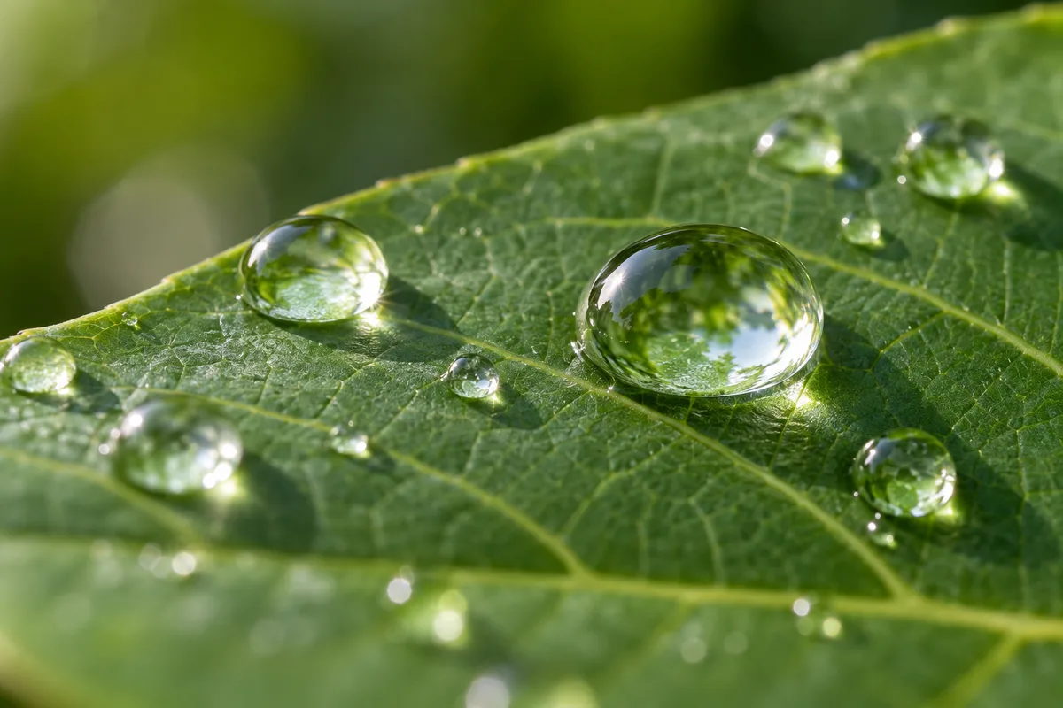 Gouttes d’eau perlant sur une feuille verte en très gros plan