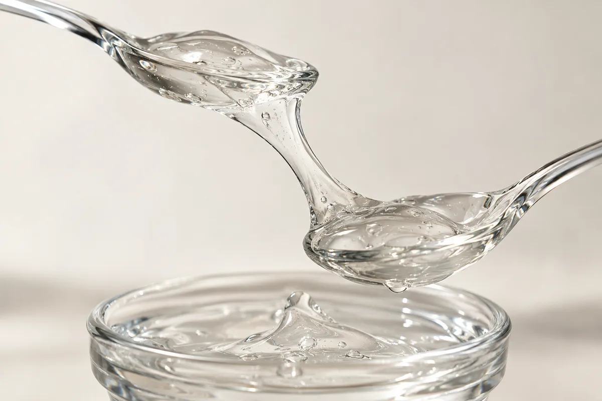 Gel transparent épais s’étirant entre deux cuillères en verre au-dessus d’une coupelle