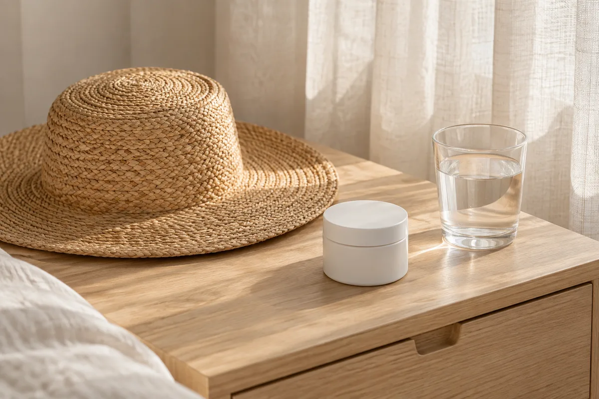 Table de chevet claire avec un chapeau de paille, un pot de crème blanc et un verre d’eau