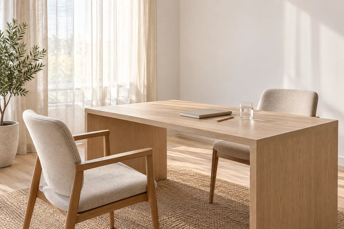 Bureau de consultation en bois clair avec deux chaises face à face et un carnet fermé