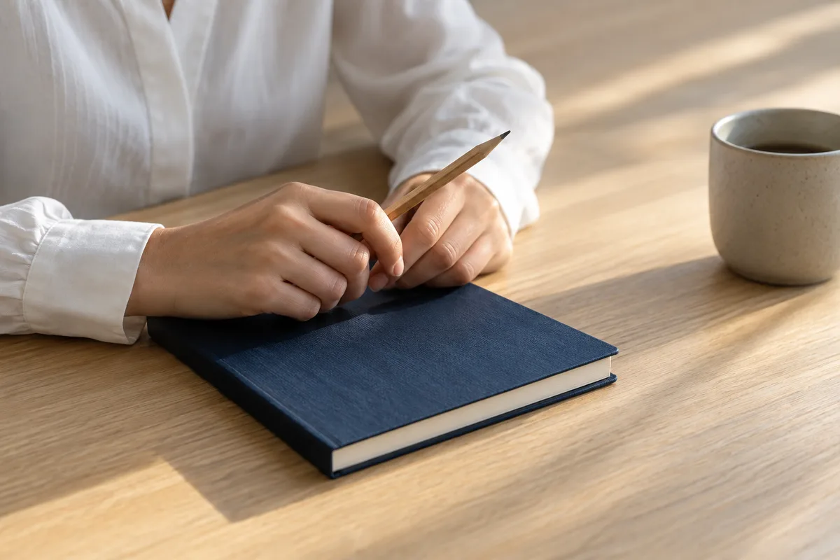 Mains tenant un crayon au-dessus d’un carnet fermé posé sur un bureau clair