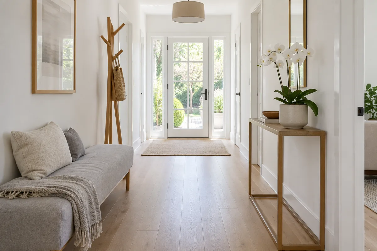 Couloir clair avec banquette en tissu, porte-manteau en bois et orchidée sur une console