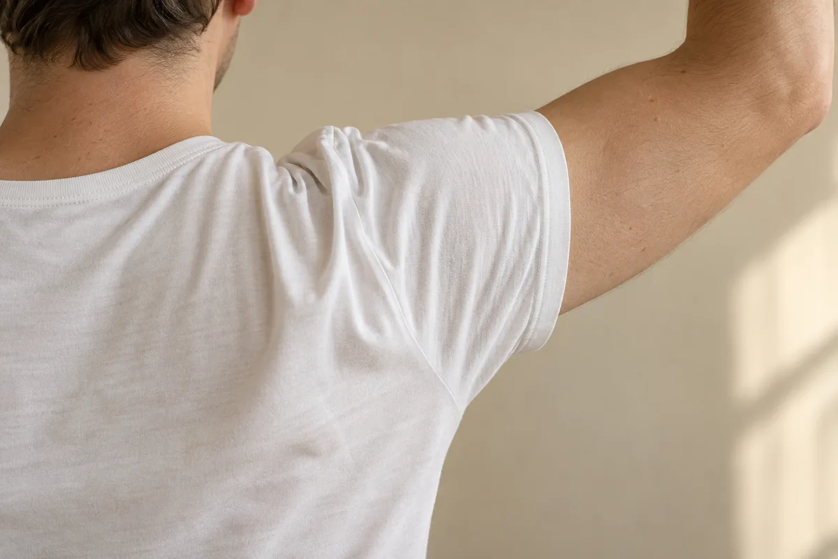 Aisselle et épaule vues de dos sous un t-shirt clair, zone typique de transpiration excessive