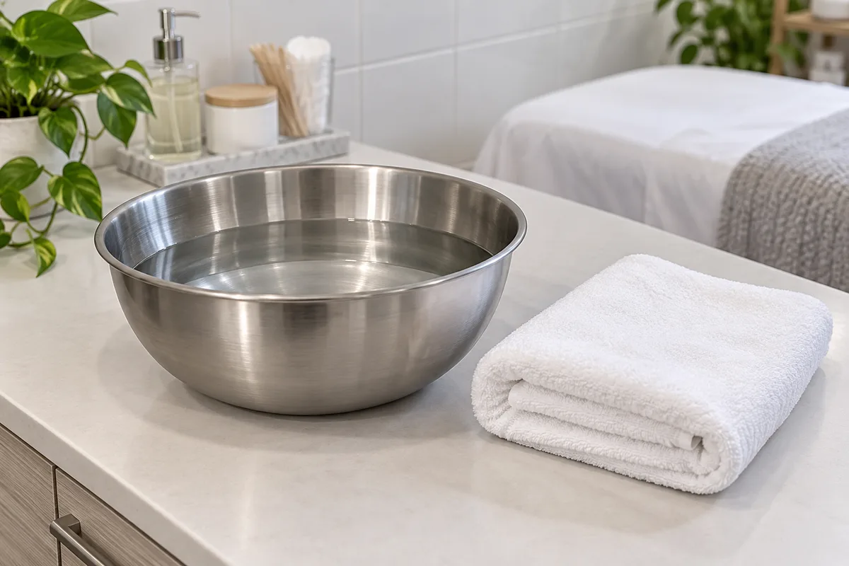 Bassine remplie et serviette blanche pliée sur un plan de cabine de soin