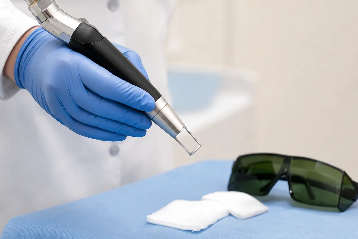Pièce à main de laser dermatologique et lunettes de protection posées sur un chariot de cabinet médical