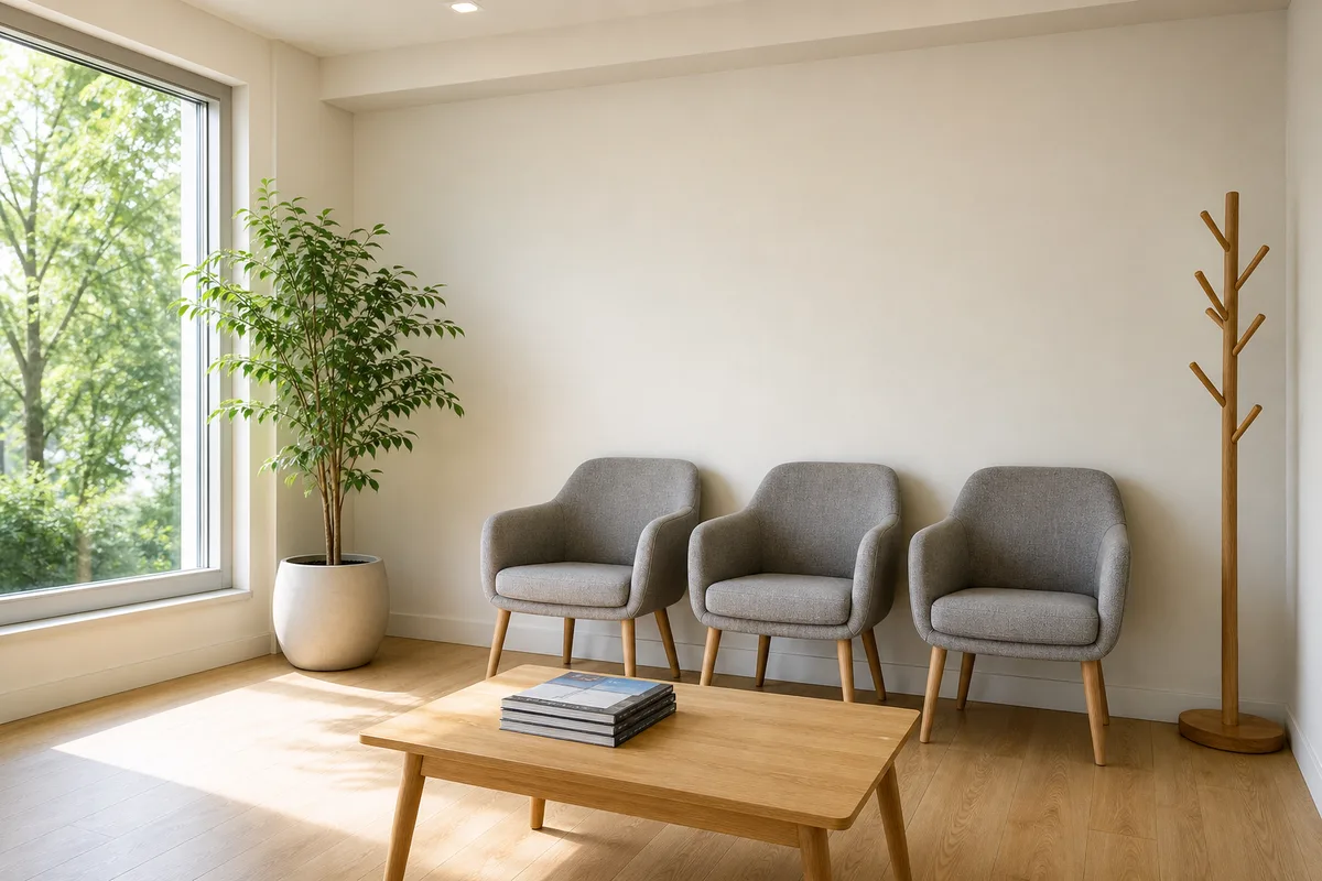Salle d&rsquo;attente sobre d&rsquo;un cabinet médical français avec fauteuils, plante verte et lumière naturelle