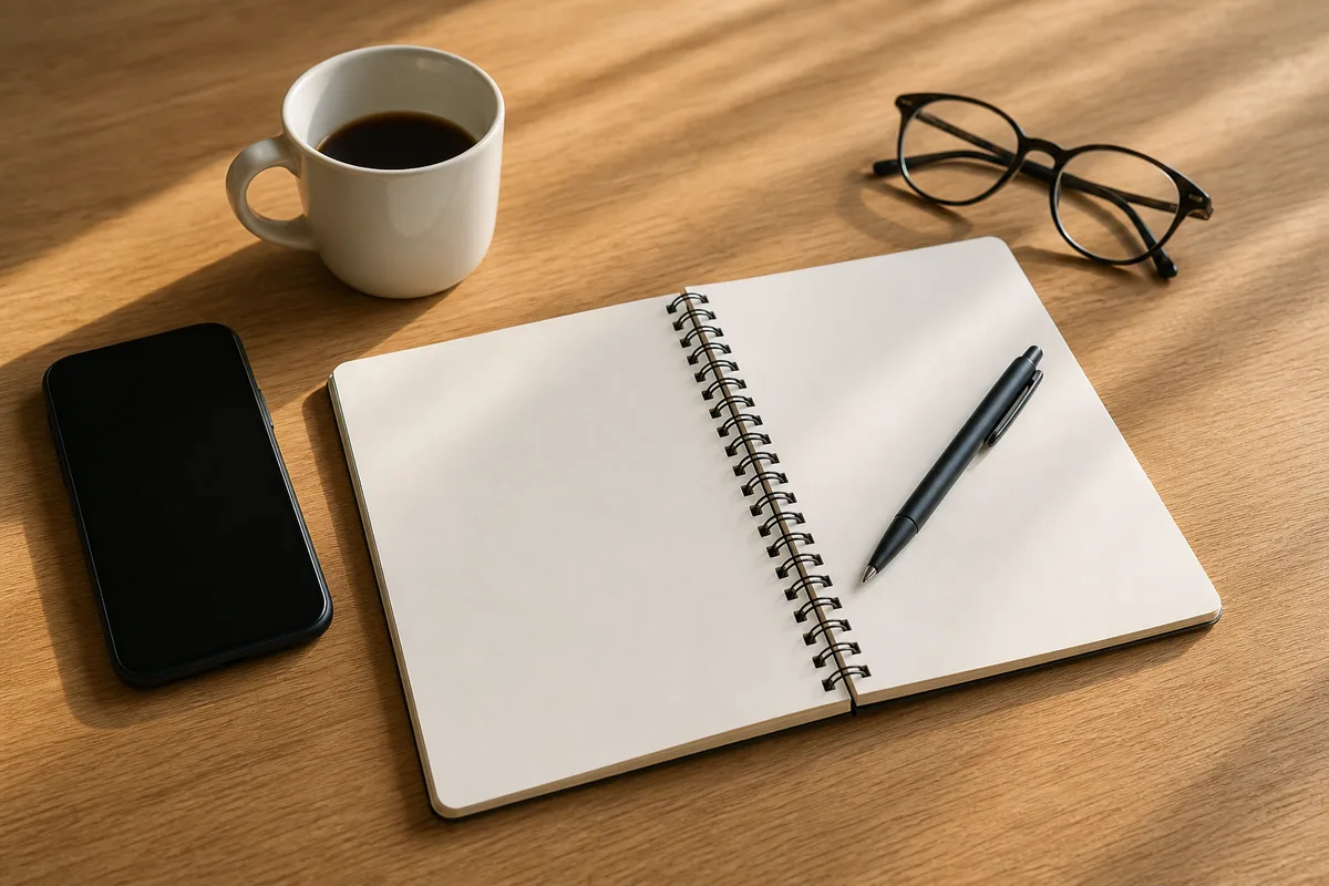 Carnet ouvert, stylo et smartphone éteint posés sur un bureau en bois près d&rsquo;une fenêtre