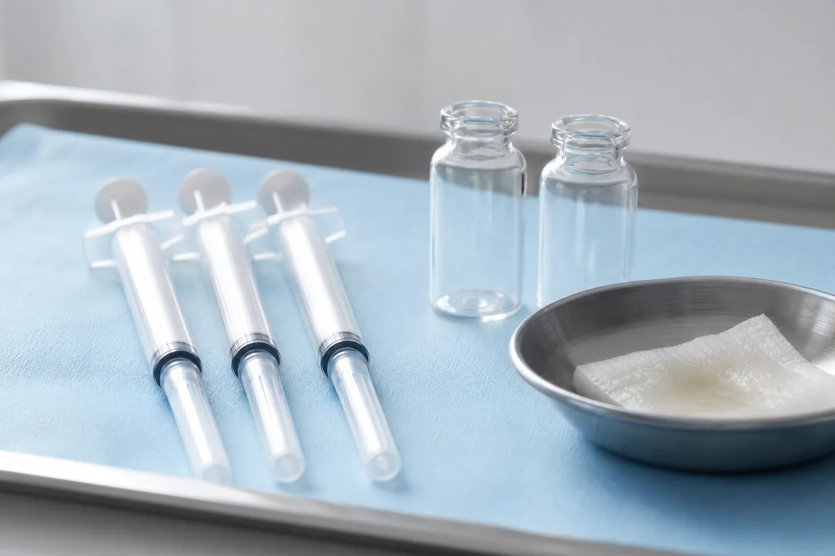Flacons de produit injectable et seringues préparés sur un plateau stérile en cabinet