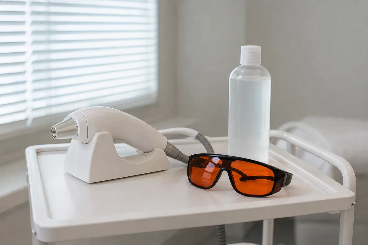 Pièce à main de laser dermatologique posée sur un chariot médical avec lunettes de protection