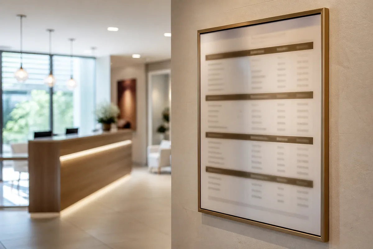 Grille de tarifs affichée dans le hall d un cabinet de médecine esthétique