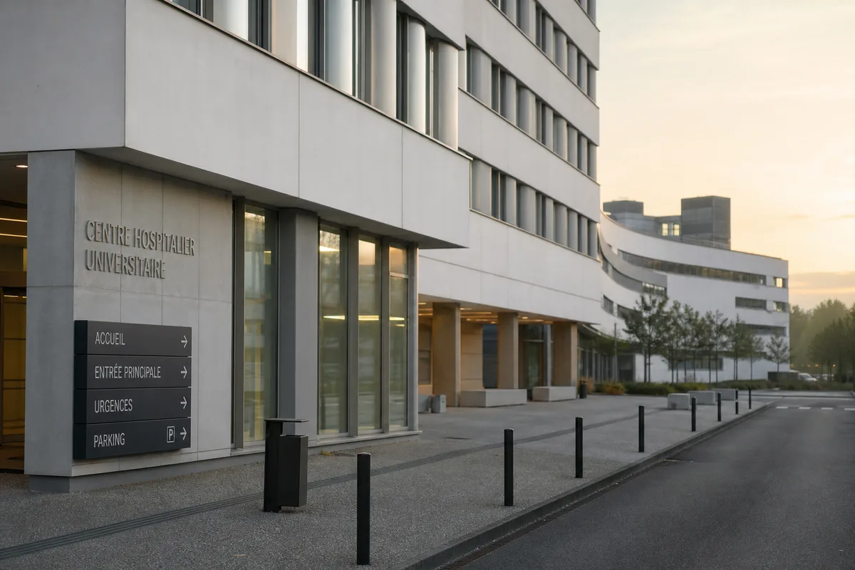 Façade d un centre hospitalier universitaire avec signalétique de service au petit matin