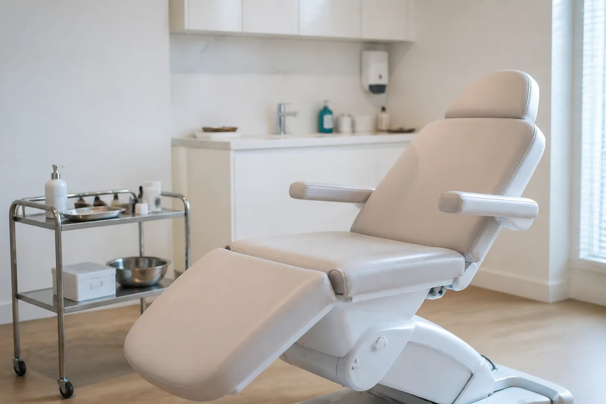 Salle de consultation médicale claire avec fauteuil de soin et petit matériel posé sur une desserte