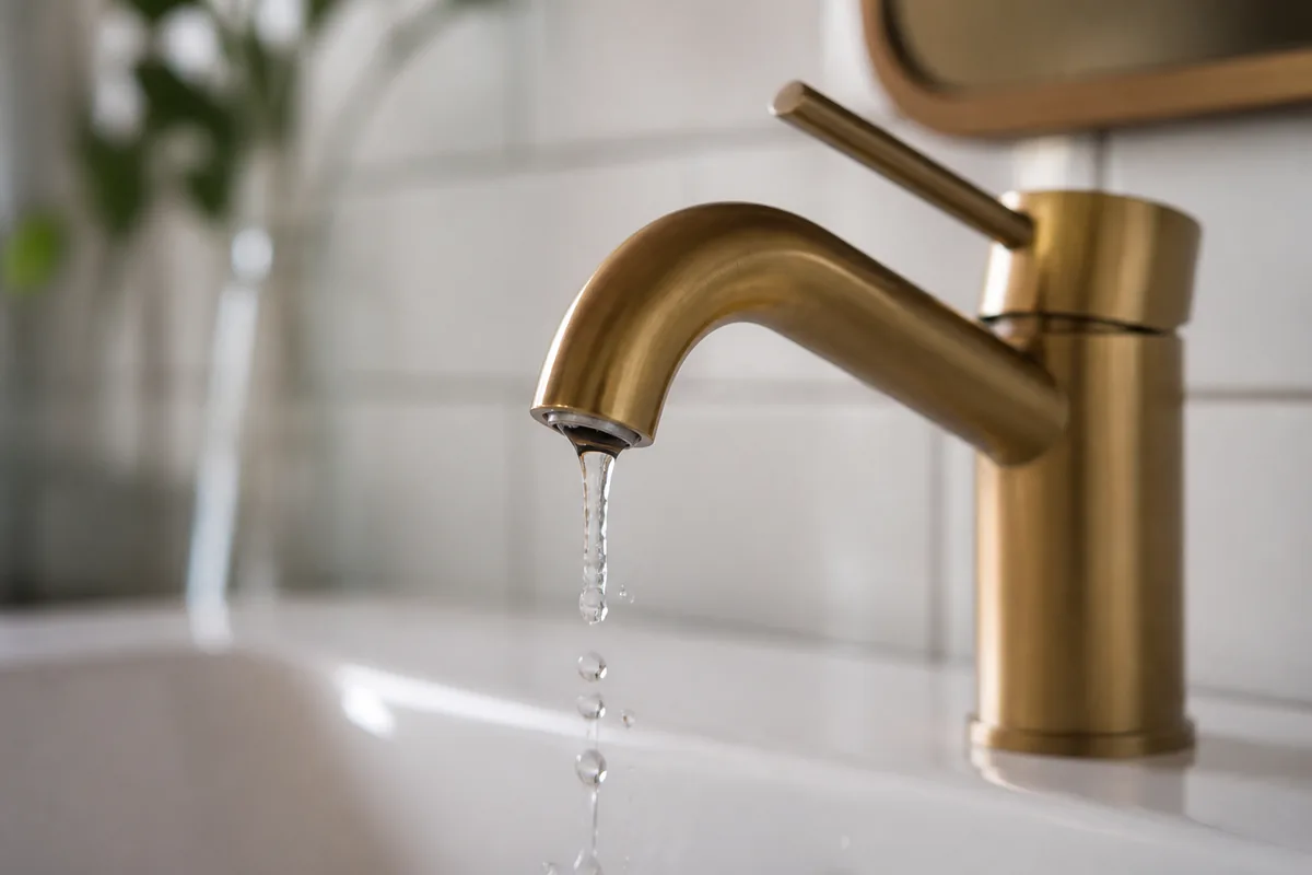 Robinet en laiton brossé laissant couler un filet d&rsquo;eau tiède au-dessus d&rsquo;un lavabo en céramique blanche
