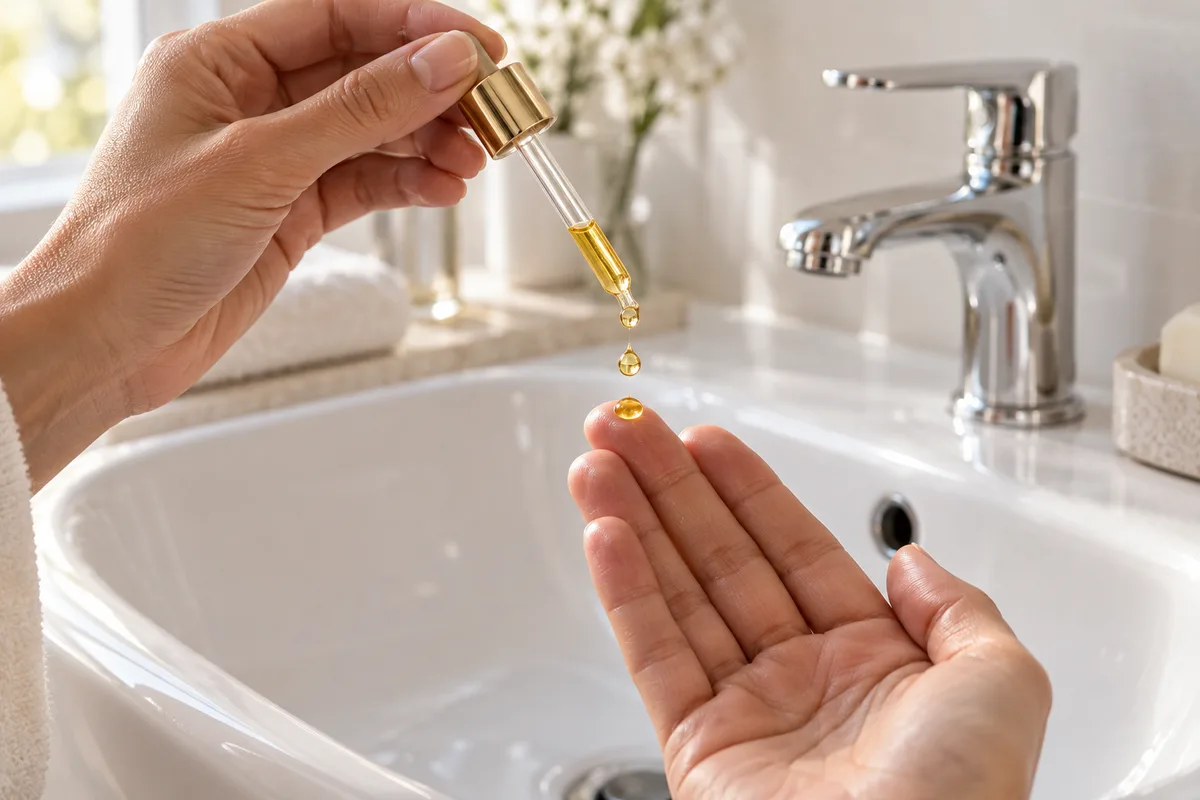 Trois gouttes de sérum déposées sur le bout des doigts au-dessus d&rsquo;un lavabo blanc