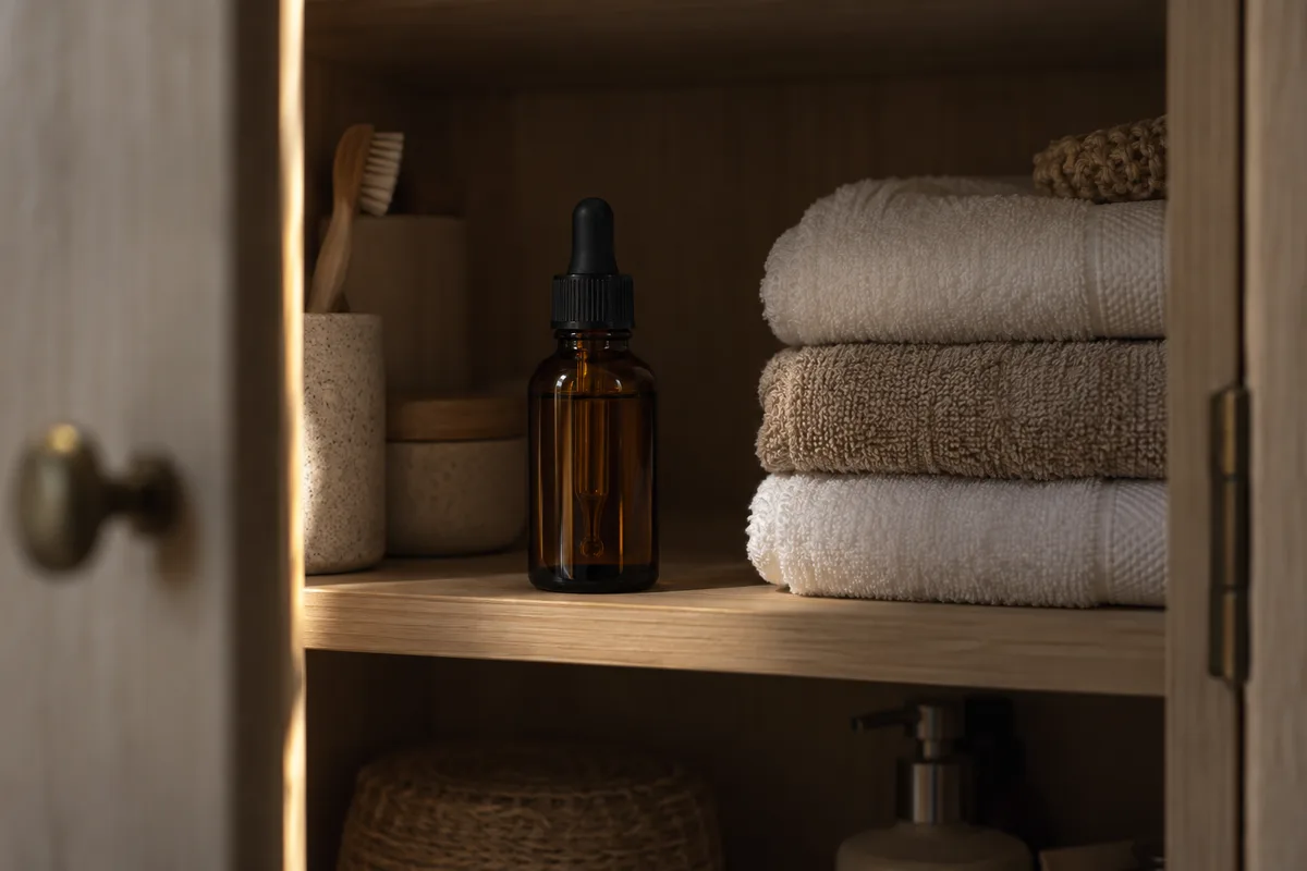 Flacon ambré de sérum rangé à l&rsquo;ombre dans un placard de salle de bains, près de serviettes pliées