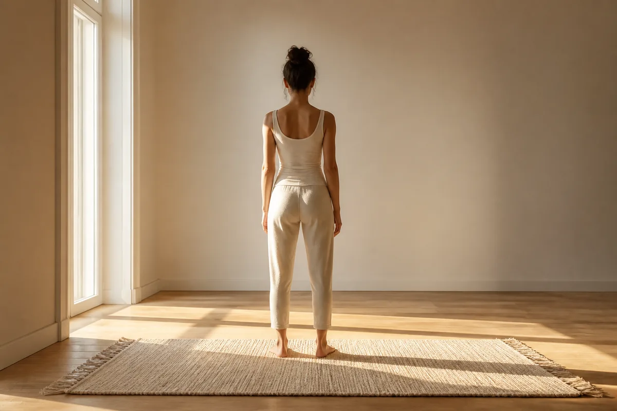 Silhouette de dos en posture debout sur un tapis de coton tissé, lumière du matin