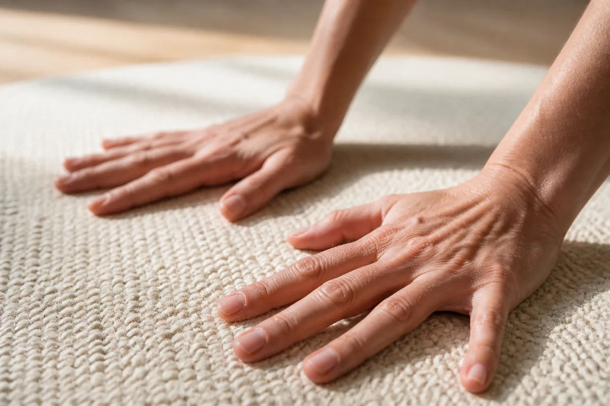 Détail de mains posées à plat sur un tapis de coton écru tissé, grain du tissage visible